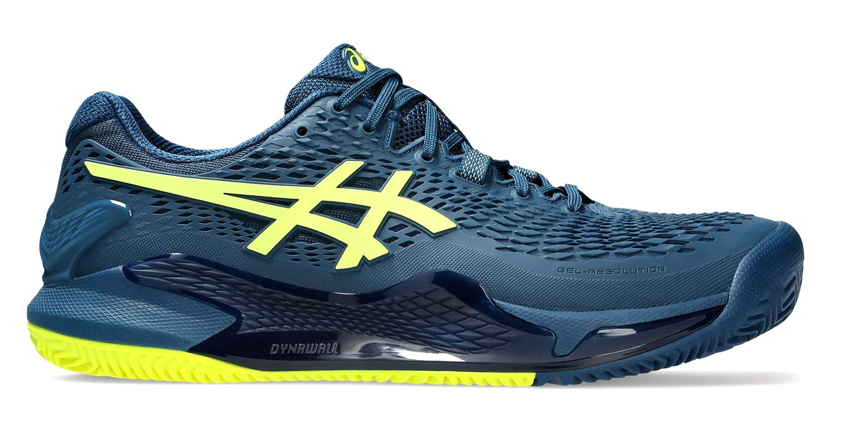 Asics Men s GEL RESOLUTION 9 CLAY Tennis Shoes in Mako Blue Safety Yellow 10