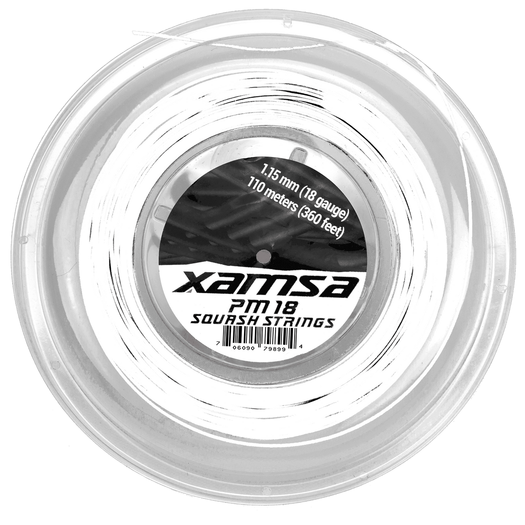 Clear reel of Xamsa PM 18 squash strings, labeled details.