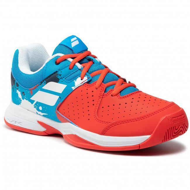 Babolat Pulsion All Court Jr Hybrid Tennis Shoe Sample Men's Tennis Shoes Babolat 02.5M (4.0W) Tomato Red/Blue Aster 