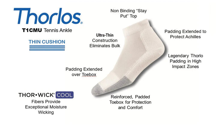 Thorlo Light Cushion Ankle Tennis Socks | T1CMU Socks Darn Tough 
