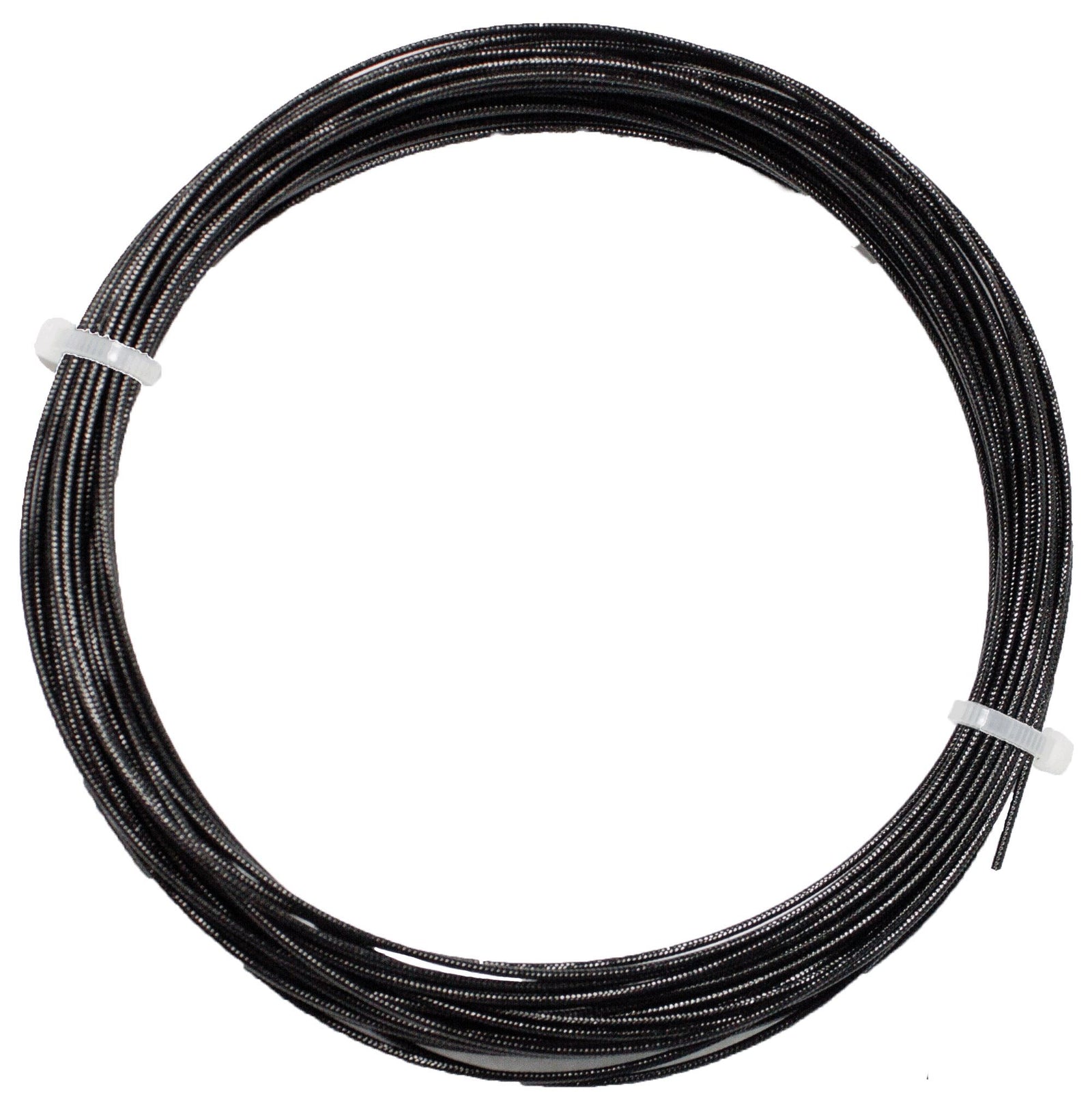 Coiled black wire secured with ties, by [Brand].